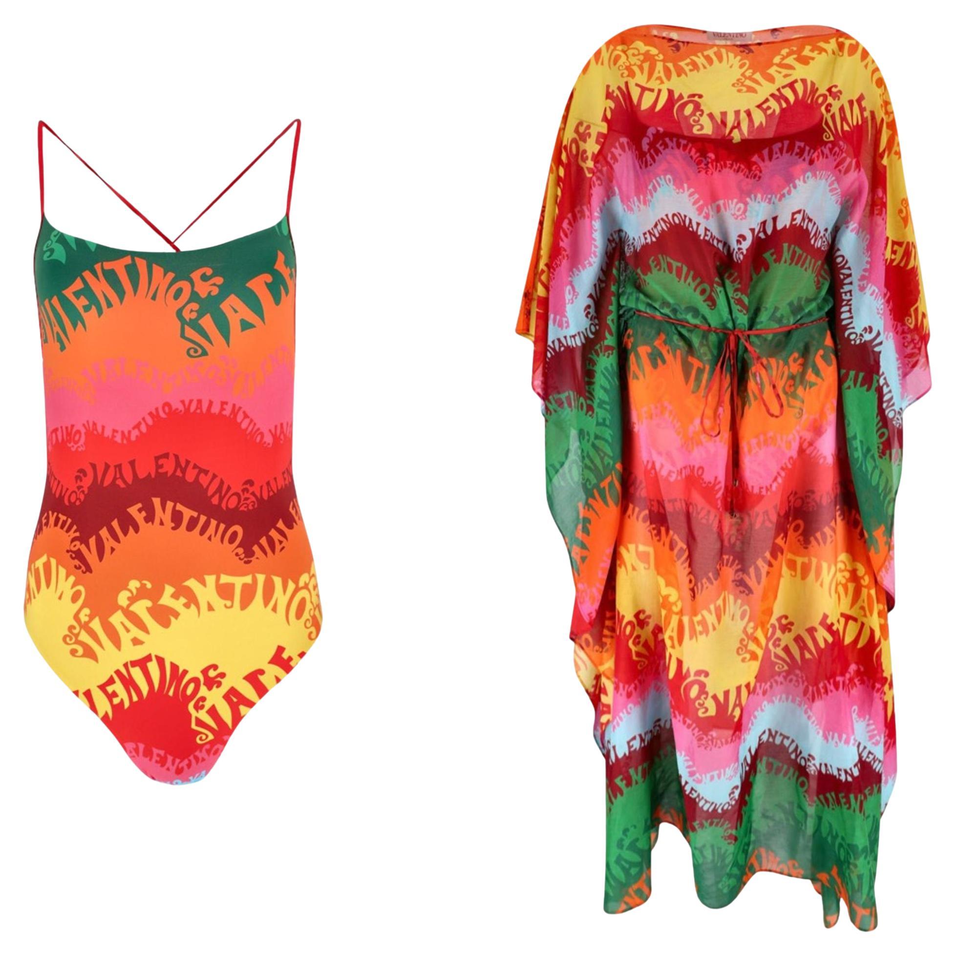 Valentino Waves Logo Printed Swimsuit & Silk Beach Cover-Up Set