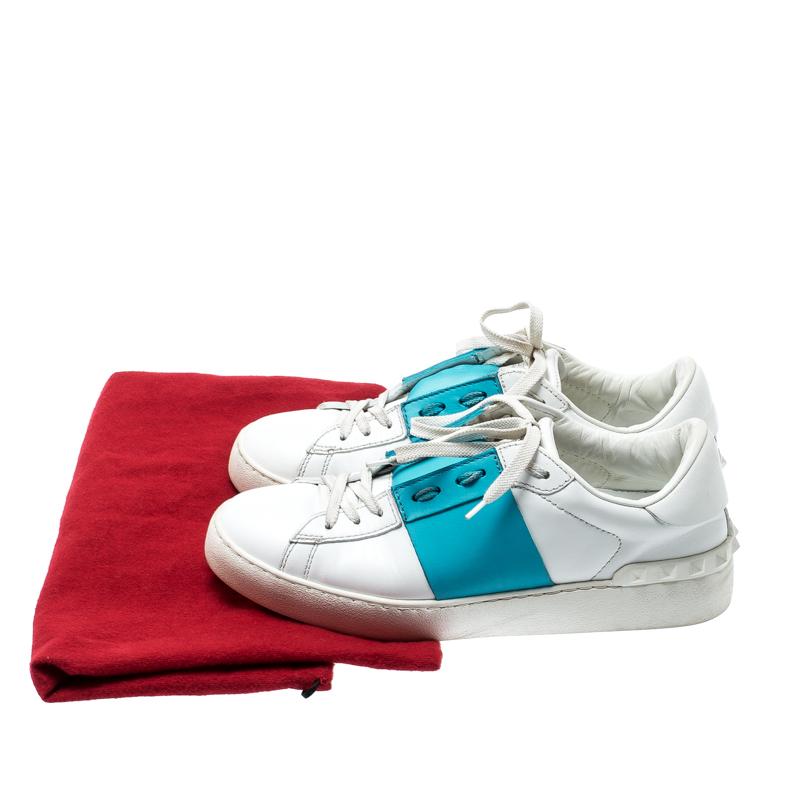 Women's Valentino White And Blue Band Leather Open Low Top Sneakers Size 39
