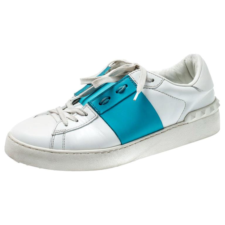 Valentino White And Blue Band Leather Open Low Top Sneakers Size 39