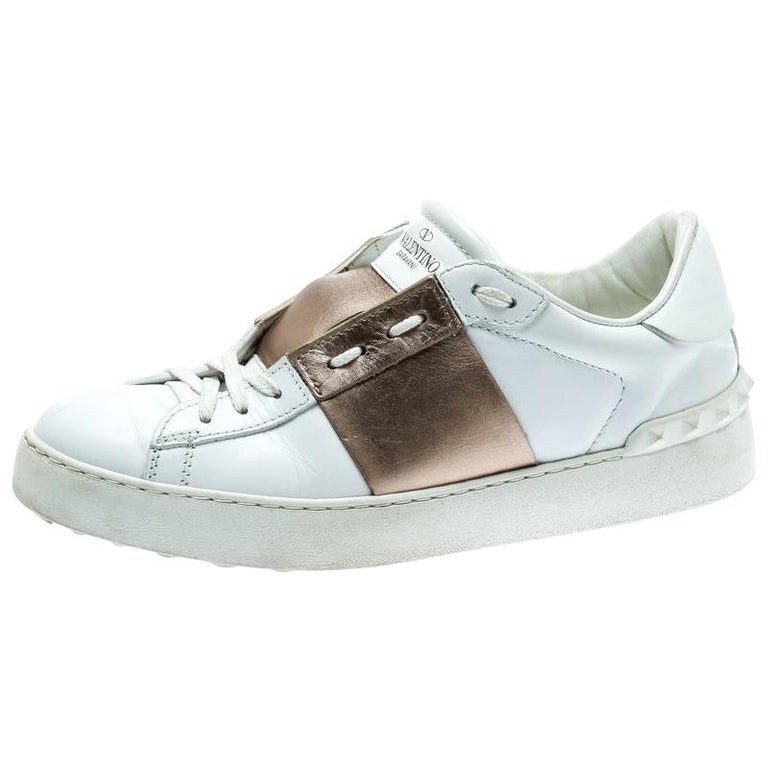 Valentino White And Metallic Gold Band Leather Open Low Top Sneakers ...