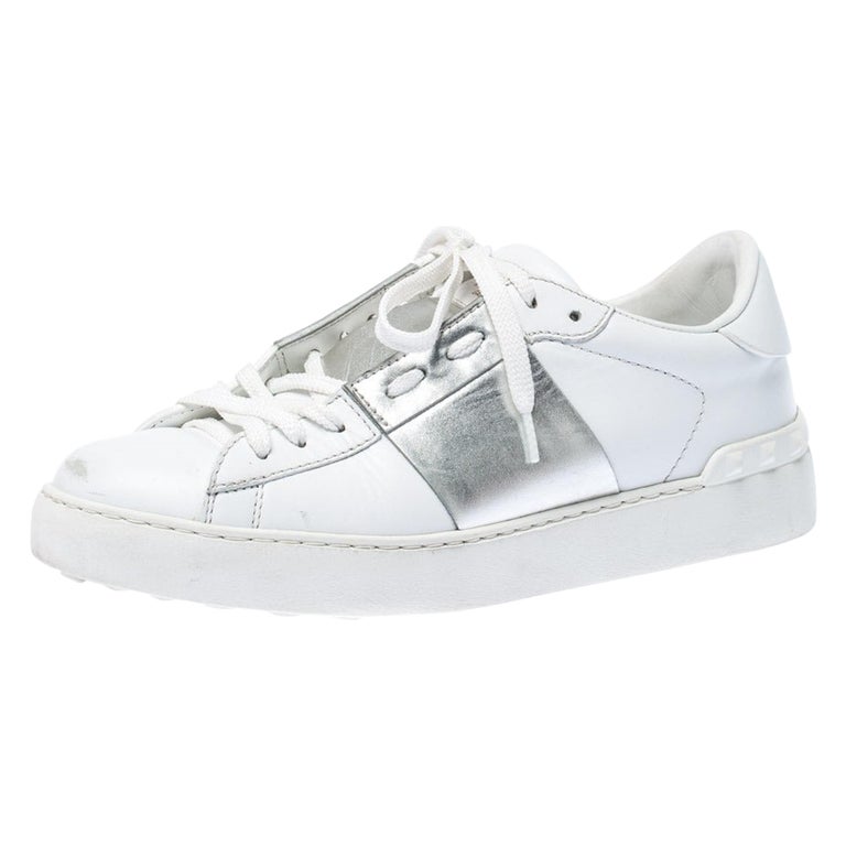 Valentino White And Silver Band Leather Open Low Top Sneakers Size 38.5 ...
