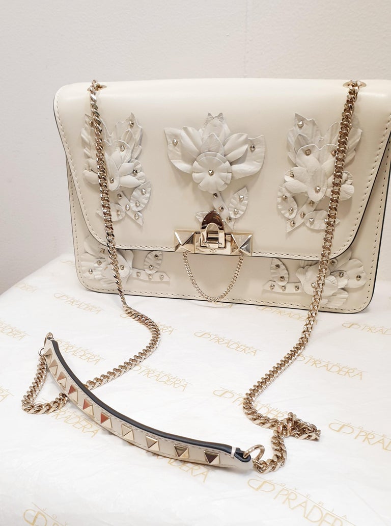 VALENTINO white beige leather FLOWER Flap Shoulder Bag at 1stDibs
