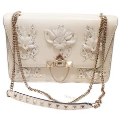 VALENTINO white beige leather FLOWER Flap Shoulder Bag