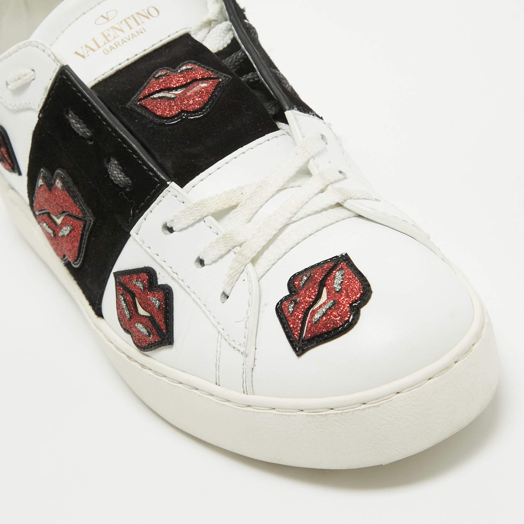 Valentino White/Black Leather and Suede Kiss Me Sneakers Size 39 For Sale 1
