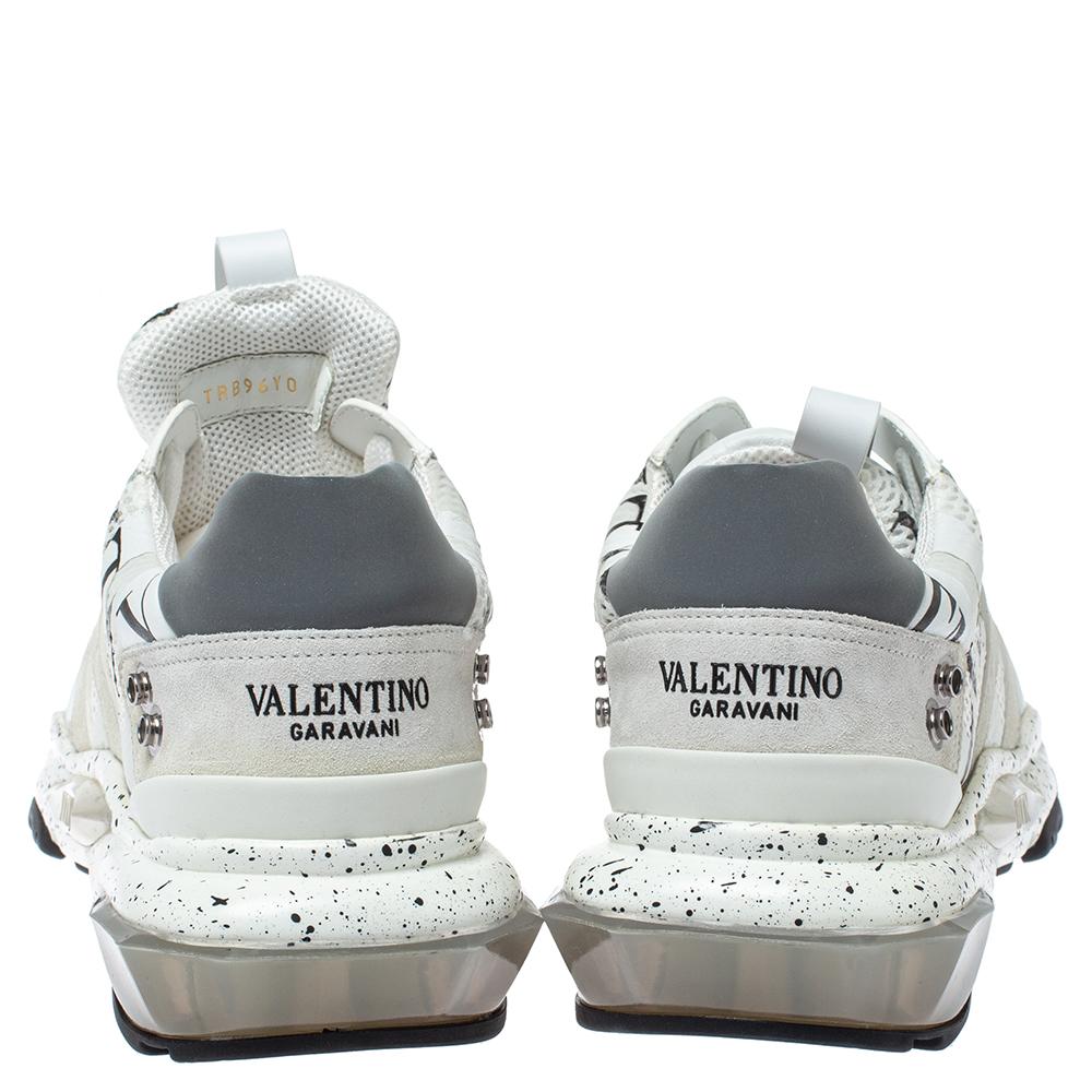 Men's Valentino White/Black , Suede and Mesh Camouflage Feathers Sneakers Size 42