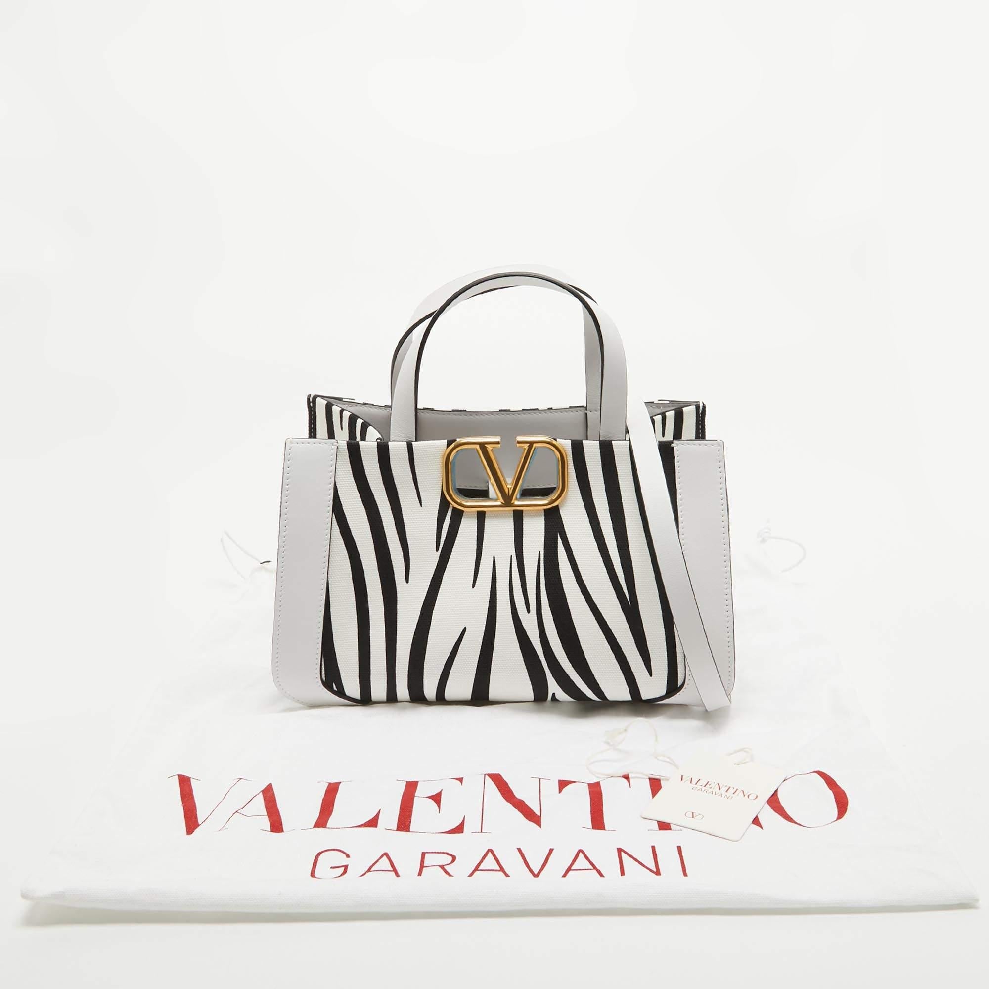 Valentino White/Black Zebra Print Canvas and Leather Small VLogo Tote 5