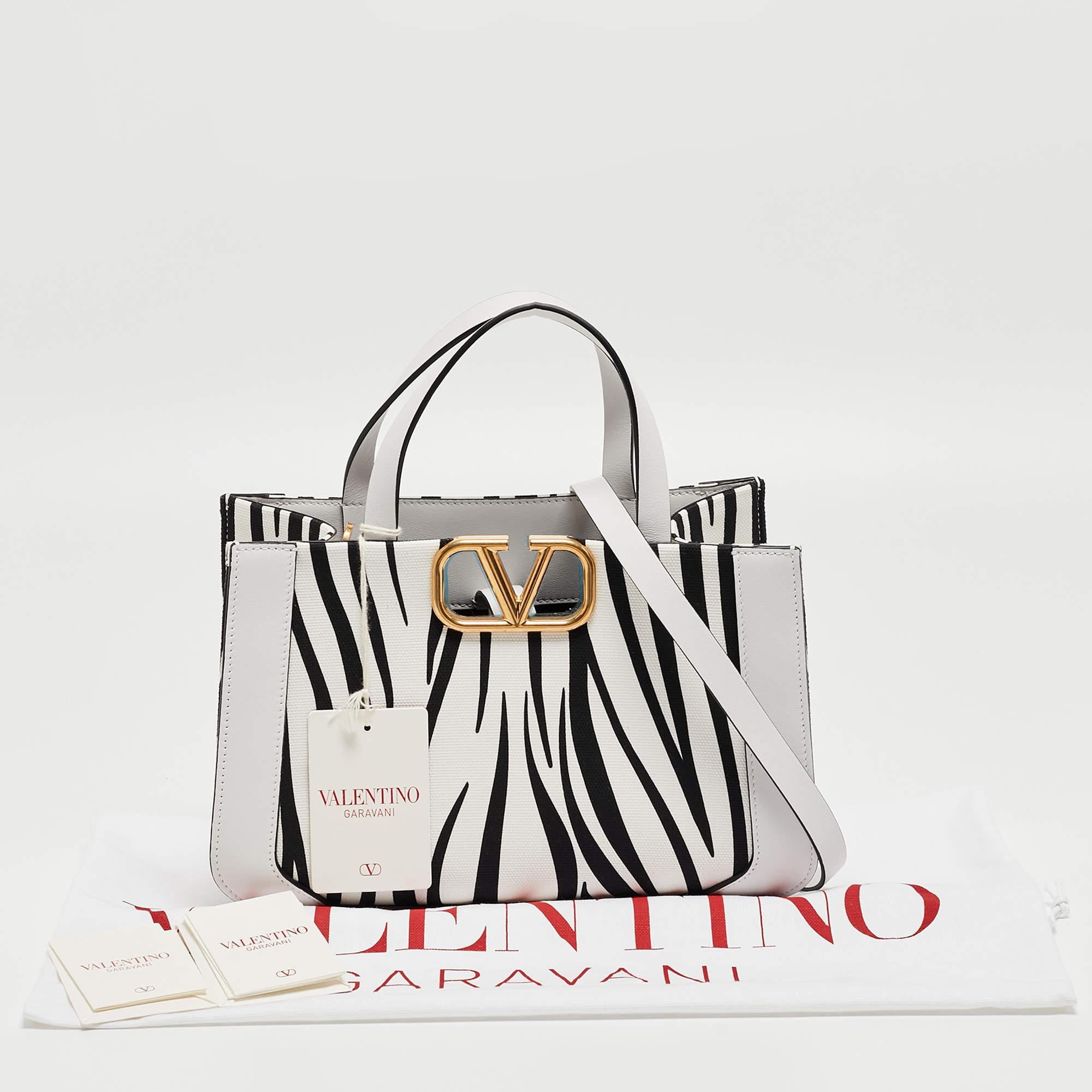 Valentino White/Black Zebra Print Canvas and Leather Small VLogo Tote 6
