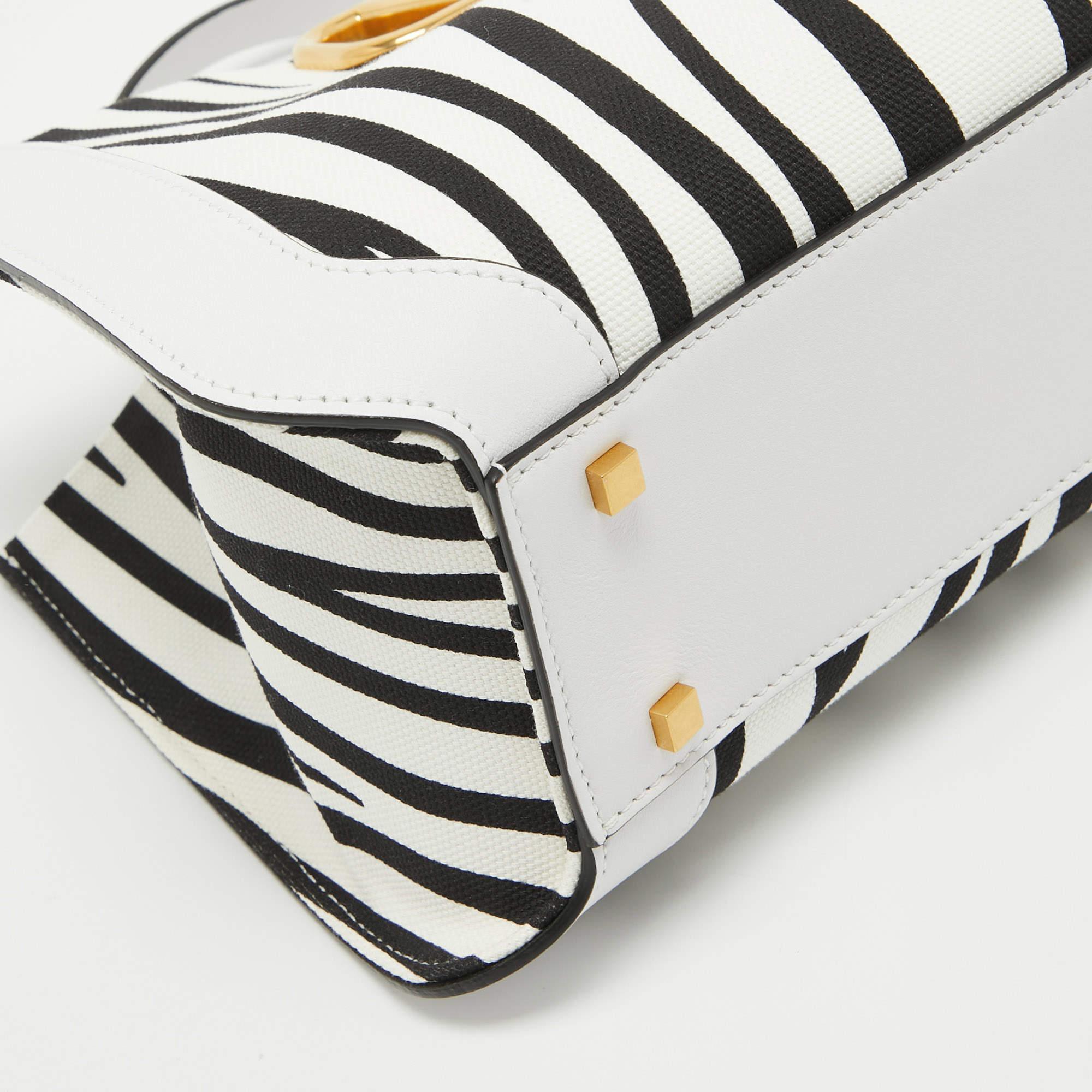 Valentino White/Black Zebra Print Canvas and Leather Small VLogo Tote 1