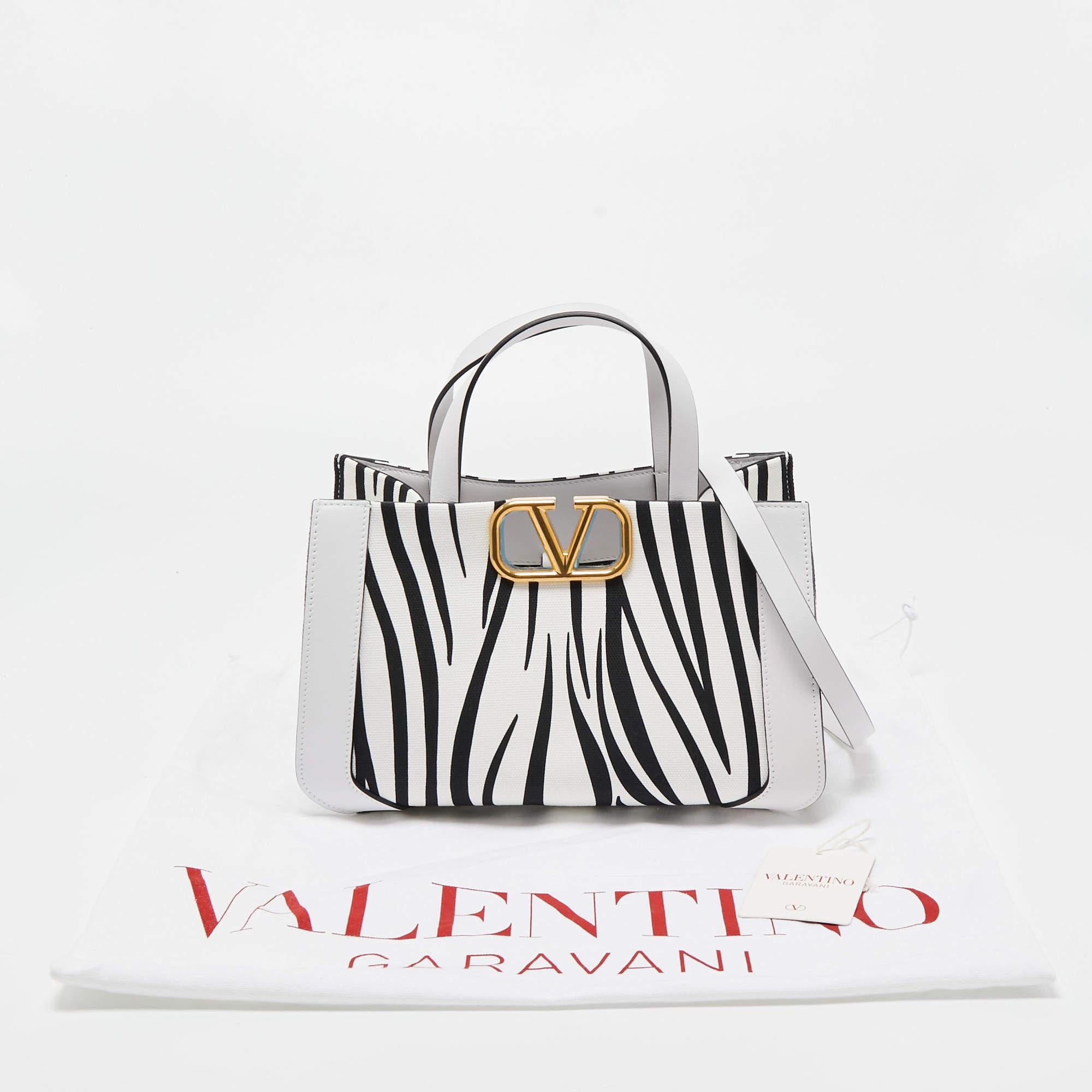 Valentino White/Black Zebra Print Canvas and Leather Small VLogo Tote 3