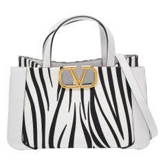 Valentino White/Black Zebra Print Canvas and Leather Small VLogo Tote