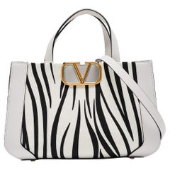 Valentino White/Black Zebra Print Canvas and Leather Small VLogo Tote