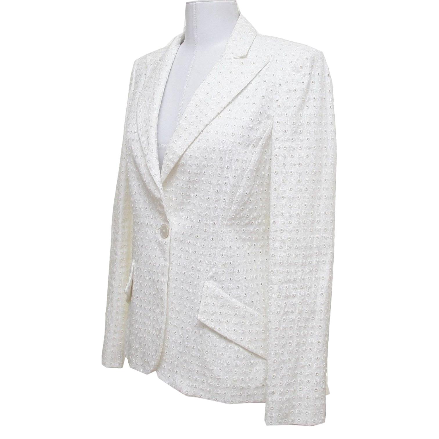 Gray Valentino White Blazer Jacket Eyelet Cotton Viscose Long Sleeve Lined Sz 4 For Sale