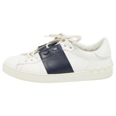 Valentino White/Blue Leather Open Stud Lace Up Sneakers Size 41