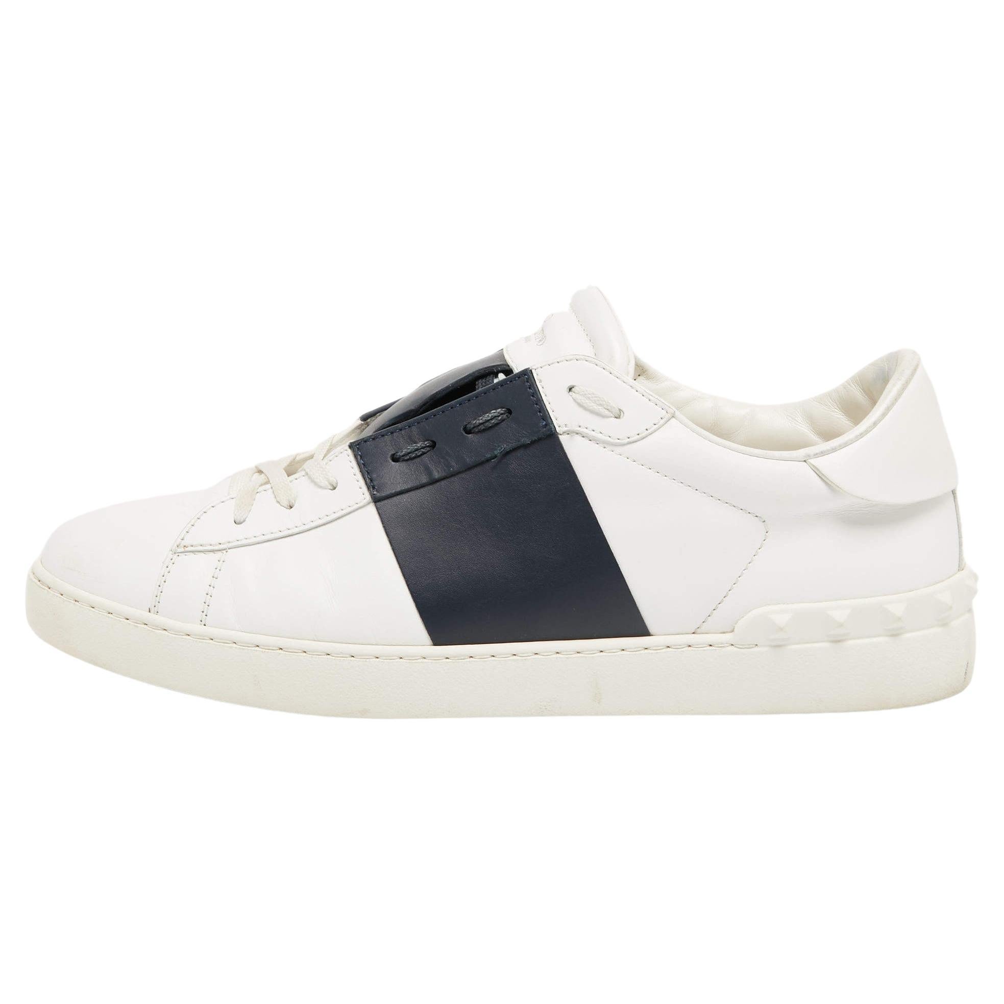 Valentino White/Blue Leather Open Stud Lace Up Sneakers Size 45 For Sale