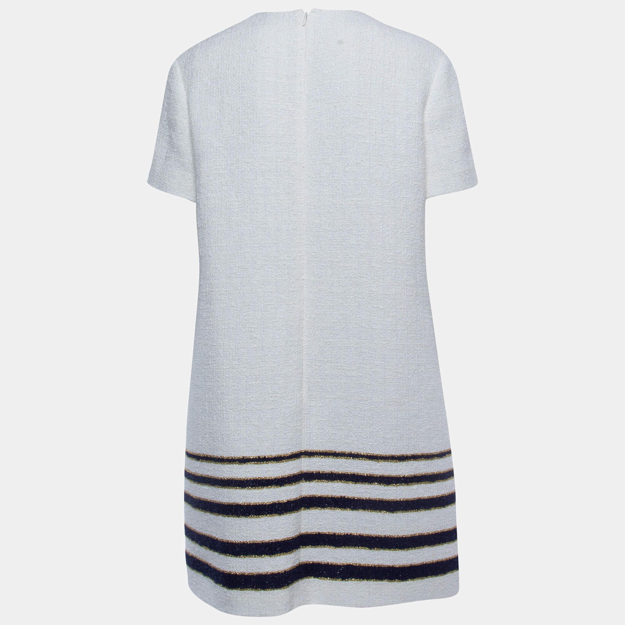 Women's Valentino White/Blue Striped Patterned Tweed Shift Dress XL