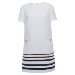 Valentino White/Blue Striped Patterned Tweed Shift Dress XL
