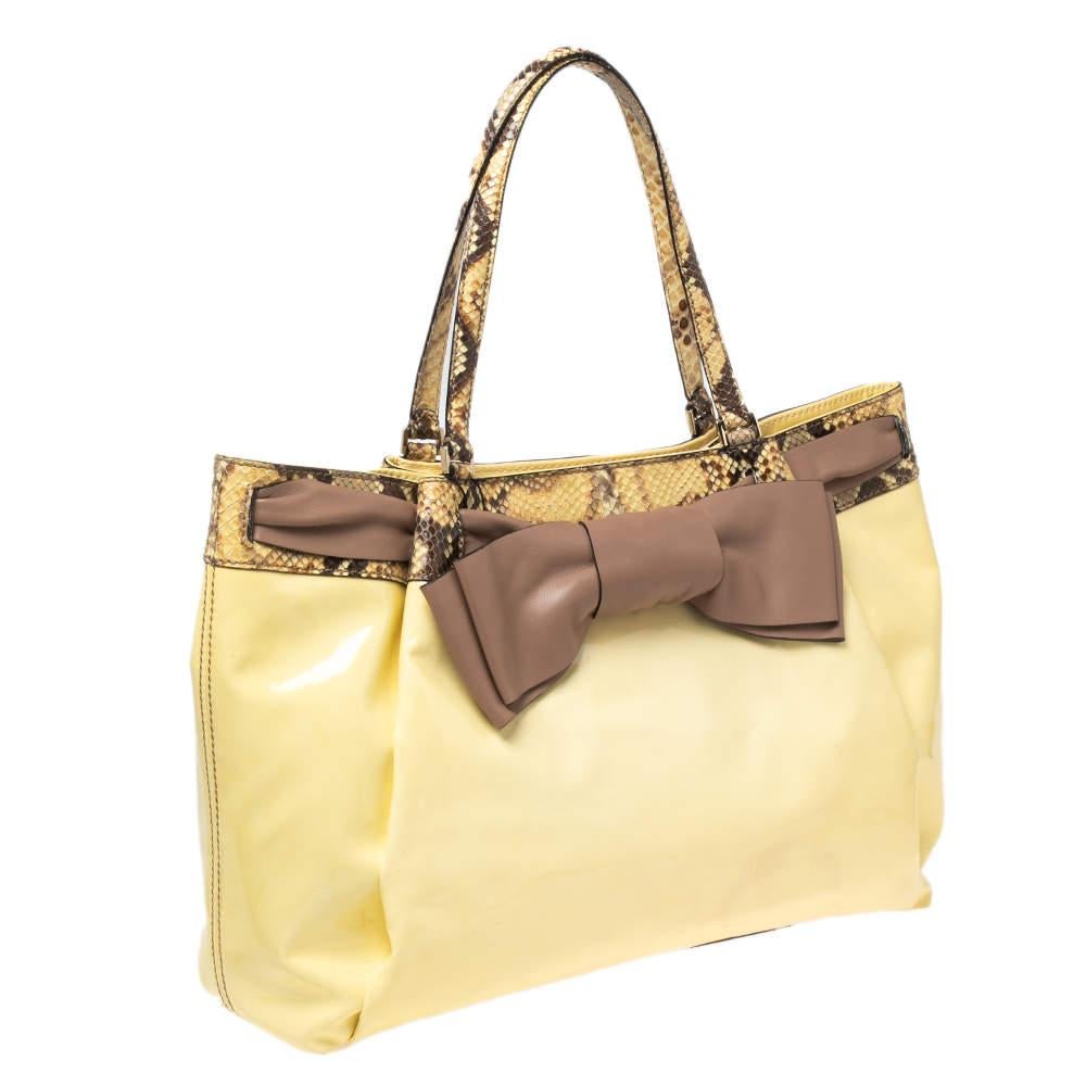 Valentino White/Brown Patent Leather and Python Large Aphrodite Bow Bag For Sale 5