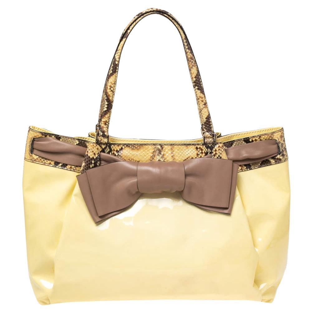 Valentino White/Brown Patent Leather and Python Large Aphrodite Bow Bag For Sale