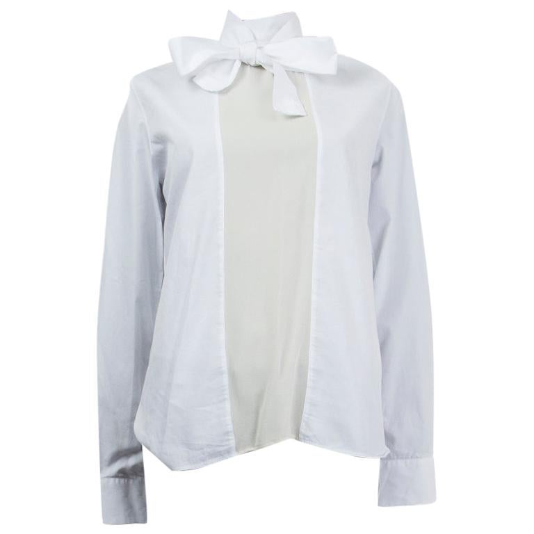 VALENTINO white cotton & silk POPLIN PUSSY BOW Blouse Shirt 42 M For Sale