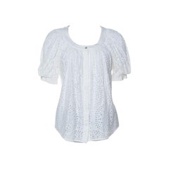 Valentino White Cotton Tattered Effect Puffed Sleeve Top S