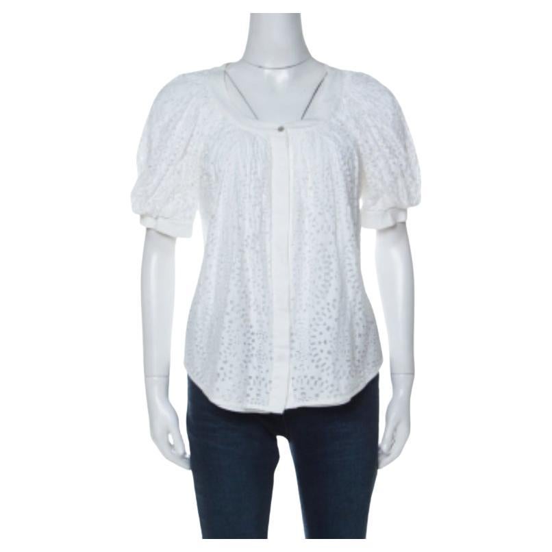 Valentino - Haut à manches bouffantes en coton blanc effet effilé S en vente