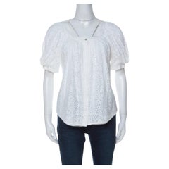 Valentino White Cotton Tattered Effect Puffed Sleeve Top S