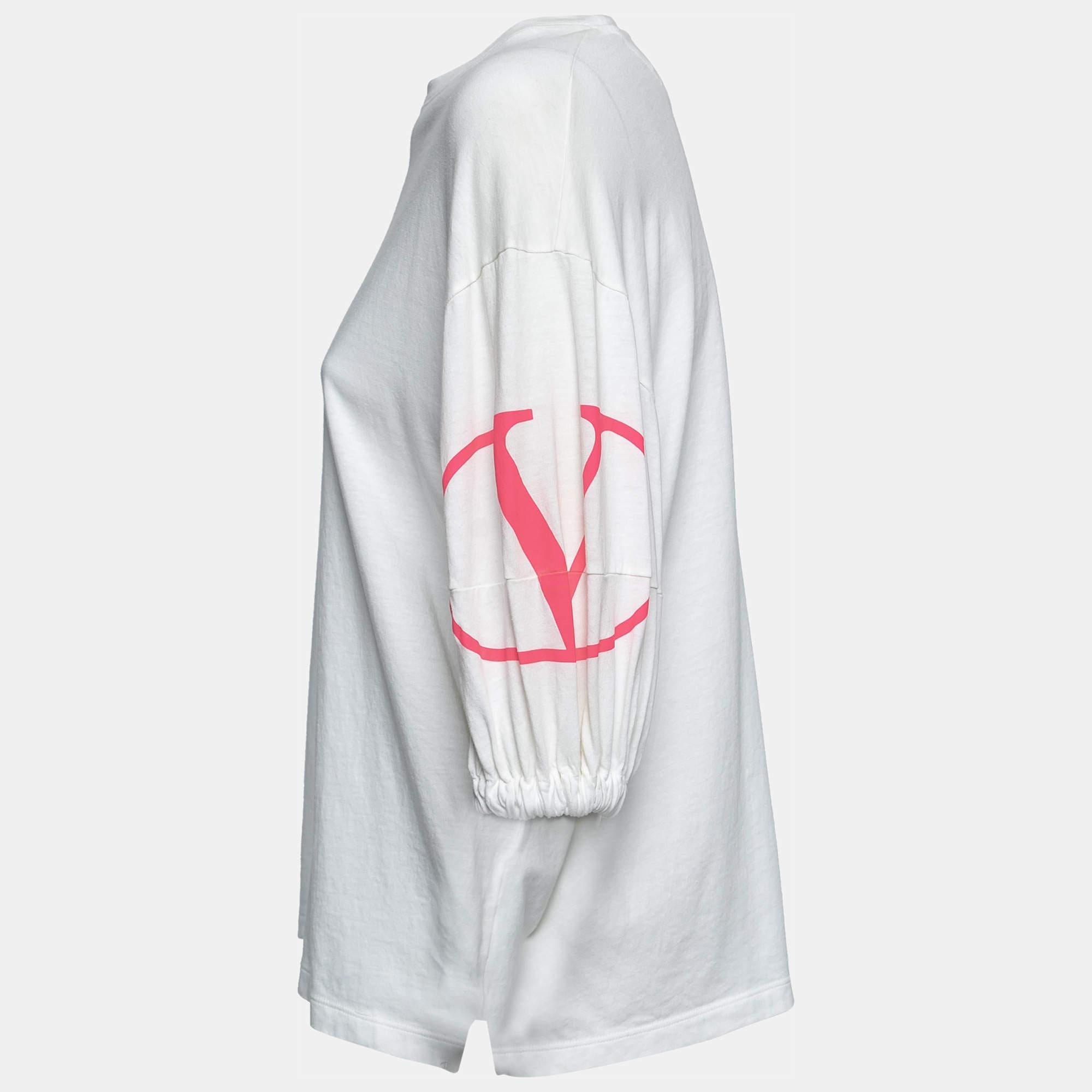 Gray Valentino White Cotton V-Logo Printed Round Neck T-Shirt XS For Sale