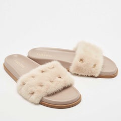 Valentino White Cream Fur Rockstud Flat Slides