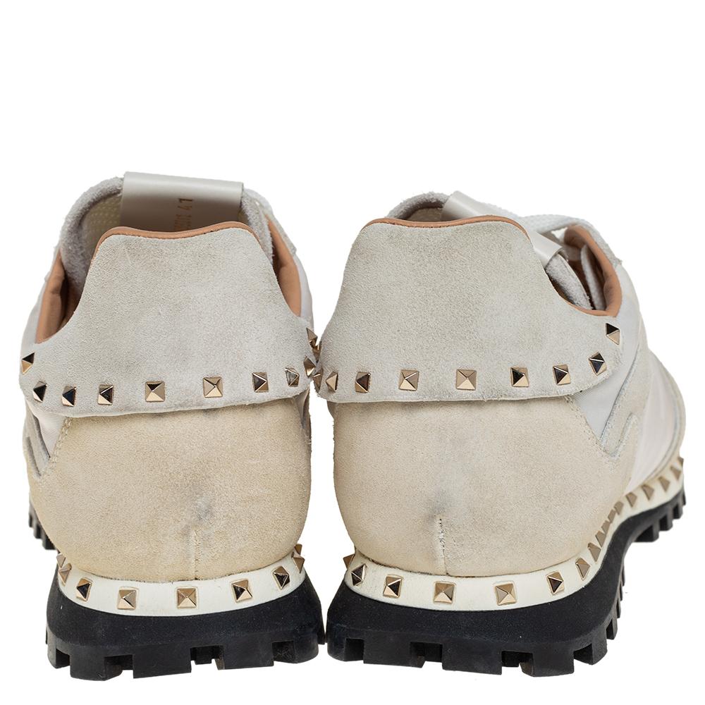 Beige Valentino White/Cream Suede And Nylon Rockstud Sneakers Size 41