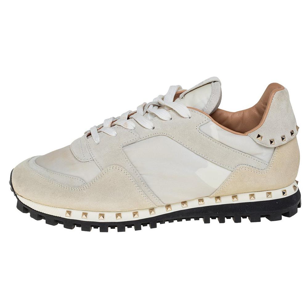 Valentino White/Cream Suede And Nylon Rockstud Sneakers Size 41