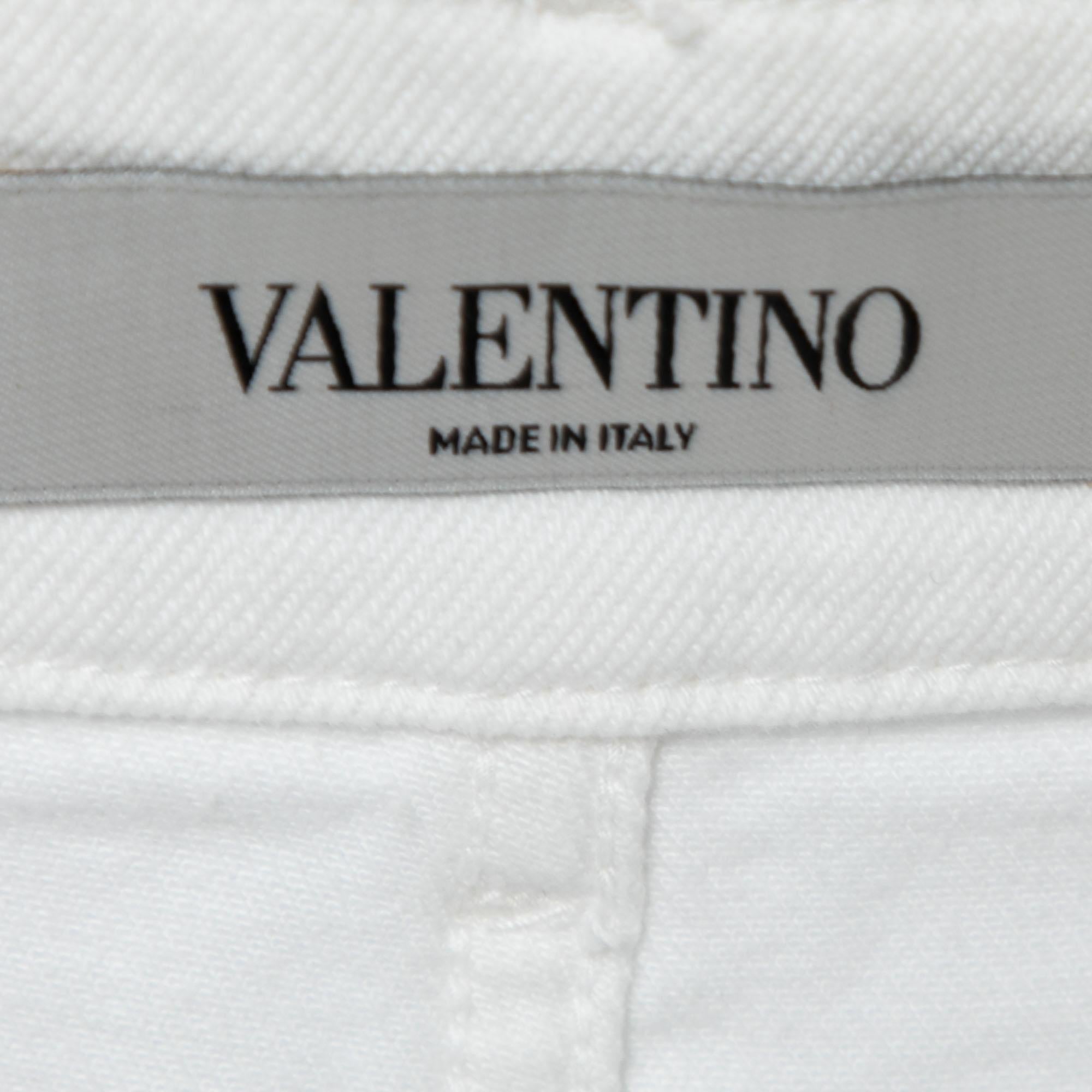 Valentino White Denim Bead Embroidered Embellished High Waist Skirt M In Good Condition In Dubai, Al Qouz 2
