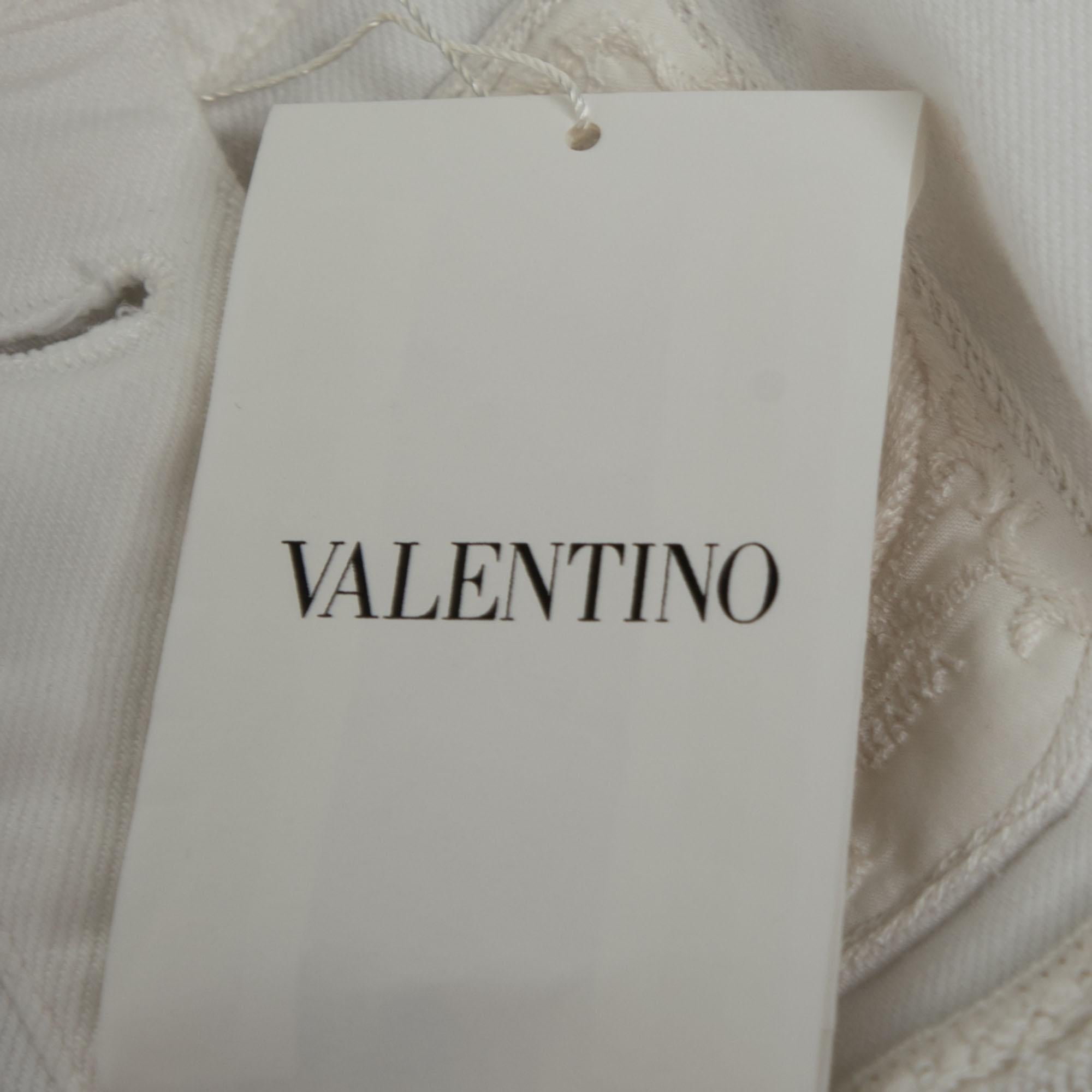 Women's Valentino White Denim Bead Embroidered Embellished High Waist Skirt M
