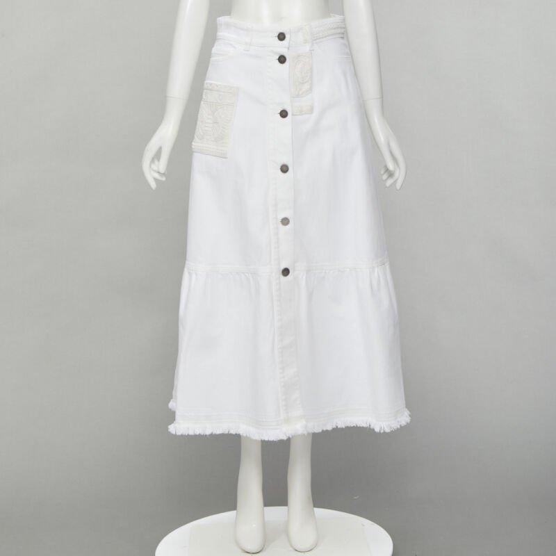 VALENTINO white denim butterfly bead embellished patch raw midi skirt IT38 XS For Sale 7