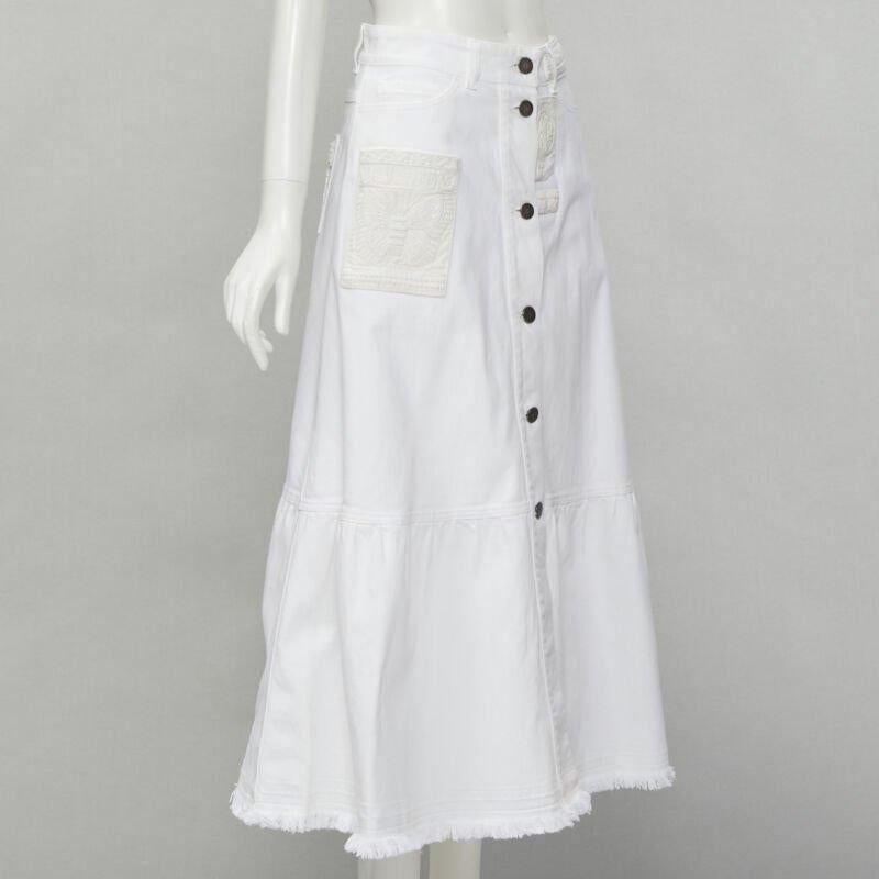 Gray VALENTINO white denim butterfly bead embellished patch raw midi skirt IT38 XS For Sale