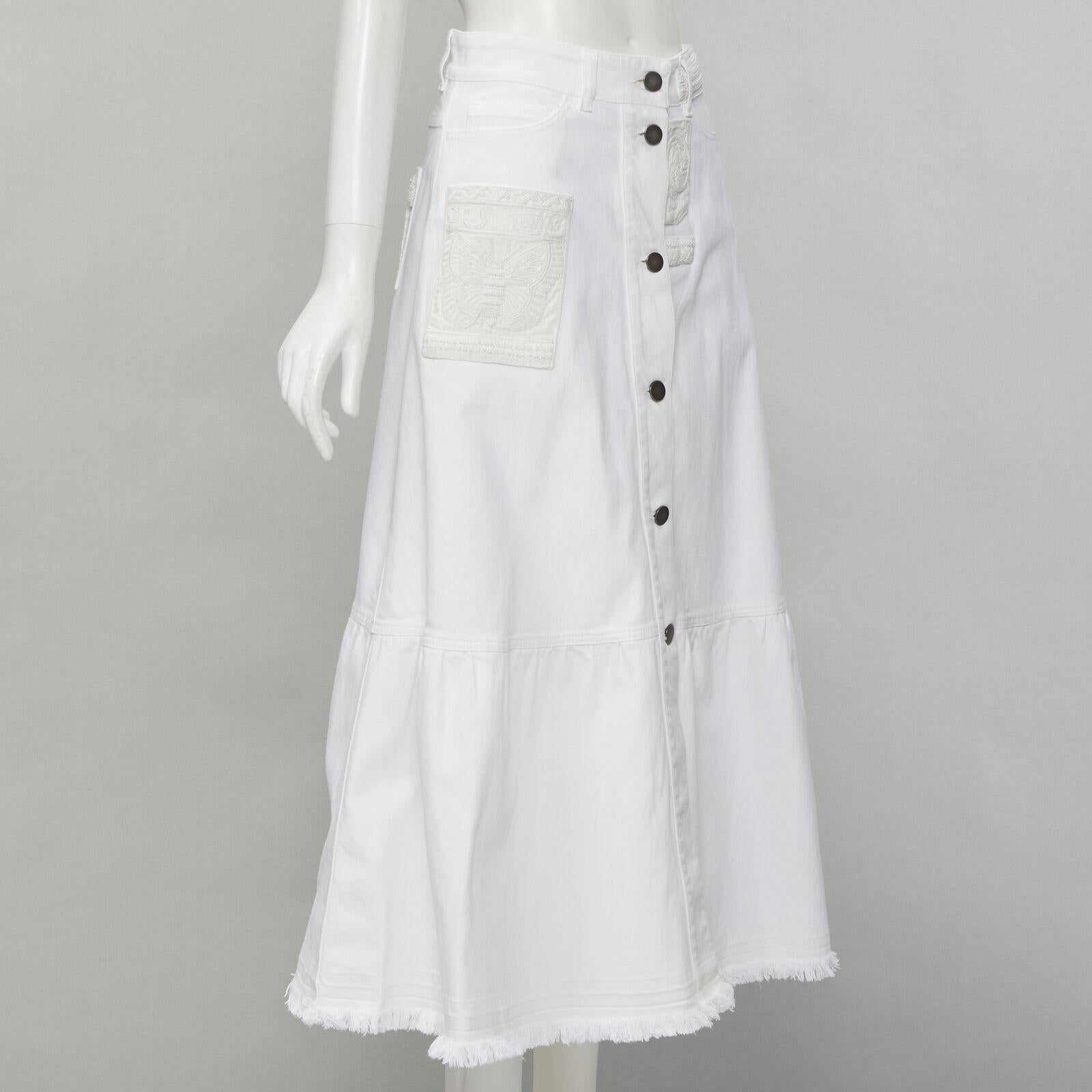 Gray VALENTINO white denim butterfly bead embellished patch raw midi skirt IT38 XS For Sale
