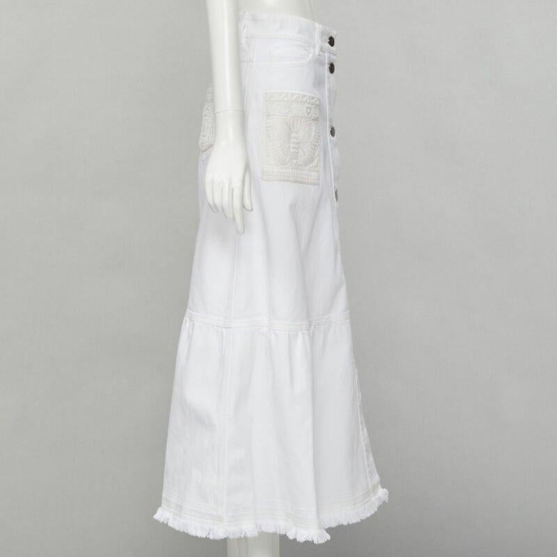 Women's VALENTINO white denim butterfly bead embellished patch raw midi skirt IT38 XS For Sale