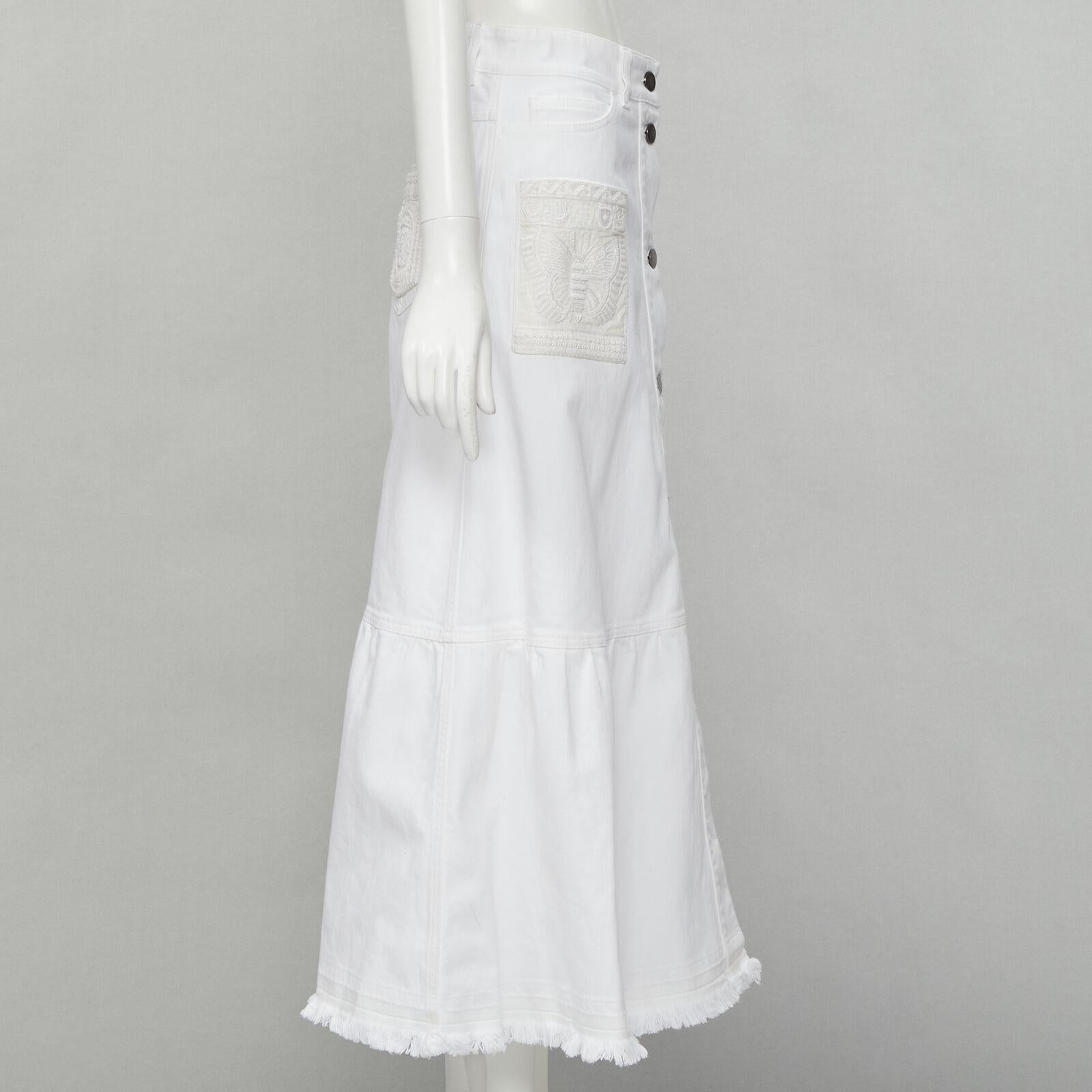 Women's VALENTINO white denim butterfly bead embellished patch raw midi skirt IT38 XS For Sale