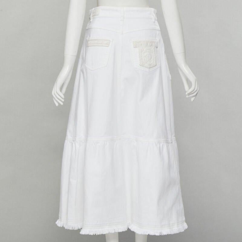 VALENTINO white denim butterfly bead embellished patch raw midi skirt IT38 XS For Sale 1