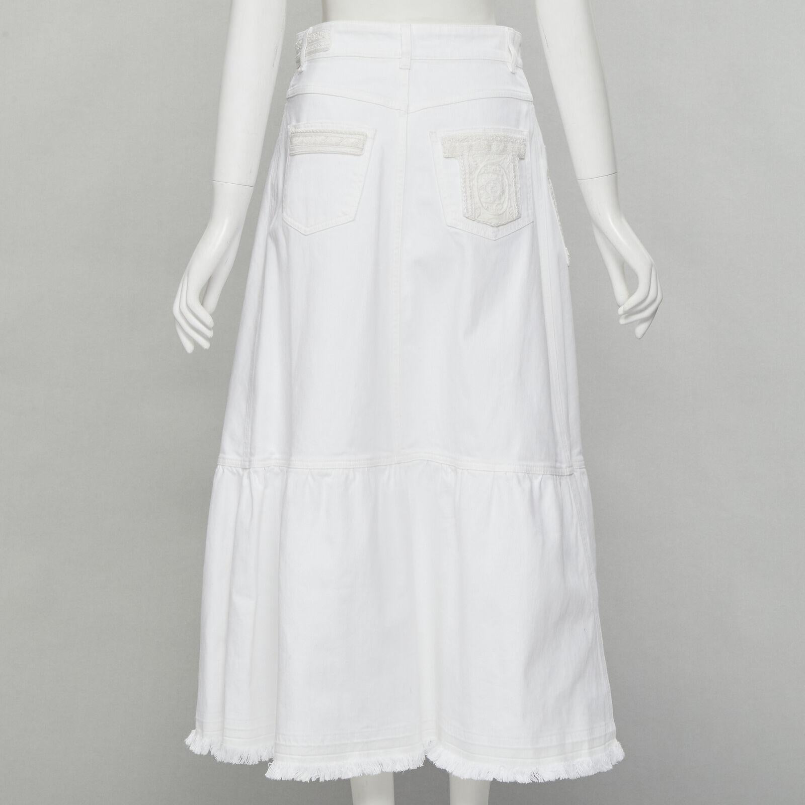 VALENTINO white denim butterfly bead embellished patch raw midi skirt IT38 XS For Sale 1