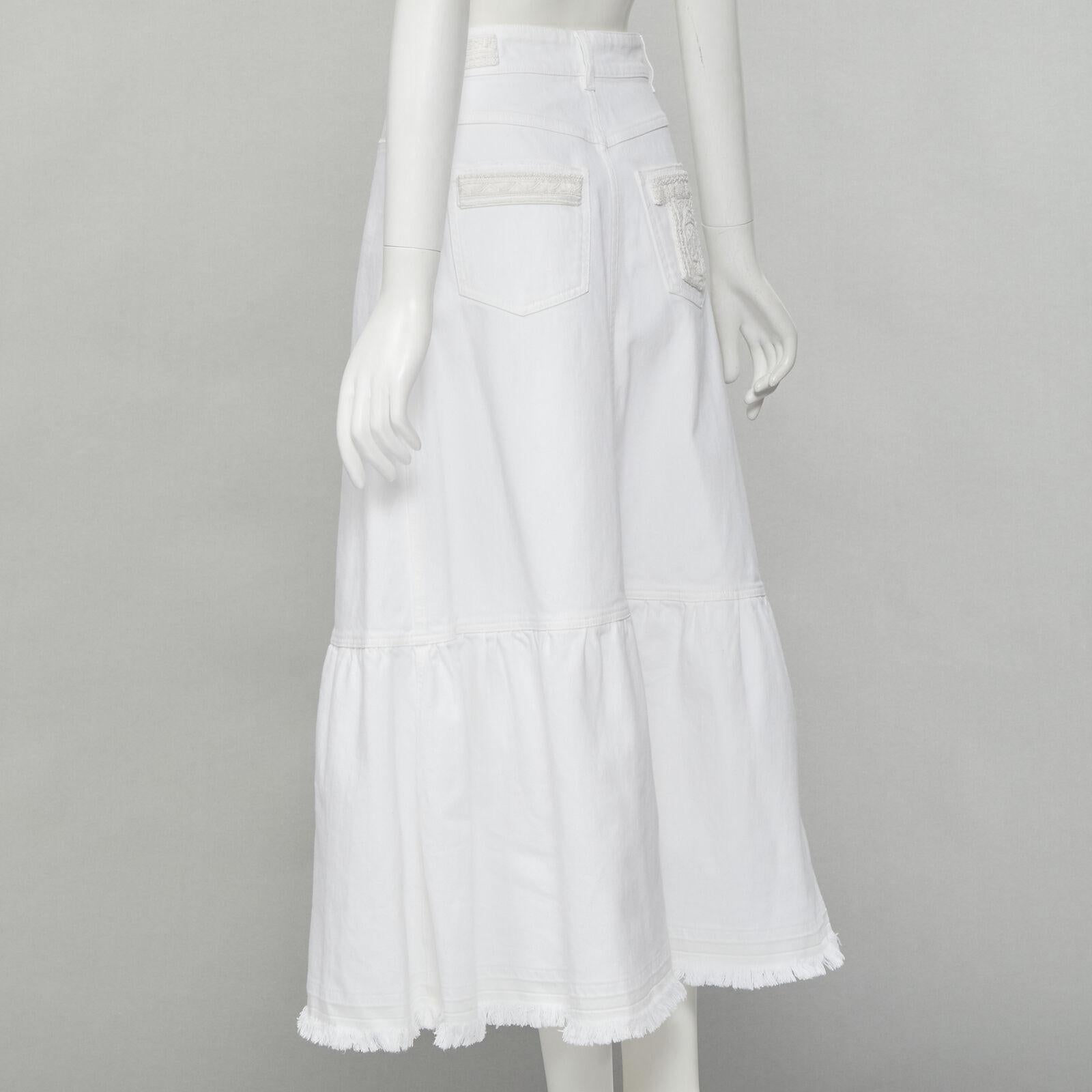 VALENTINO white denim butterfly bead embellished patch raw midi skirt IT38 XS For Sale 2
