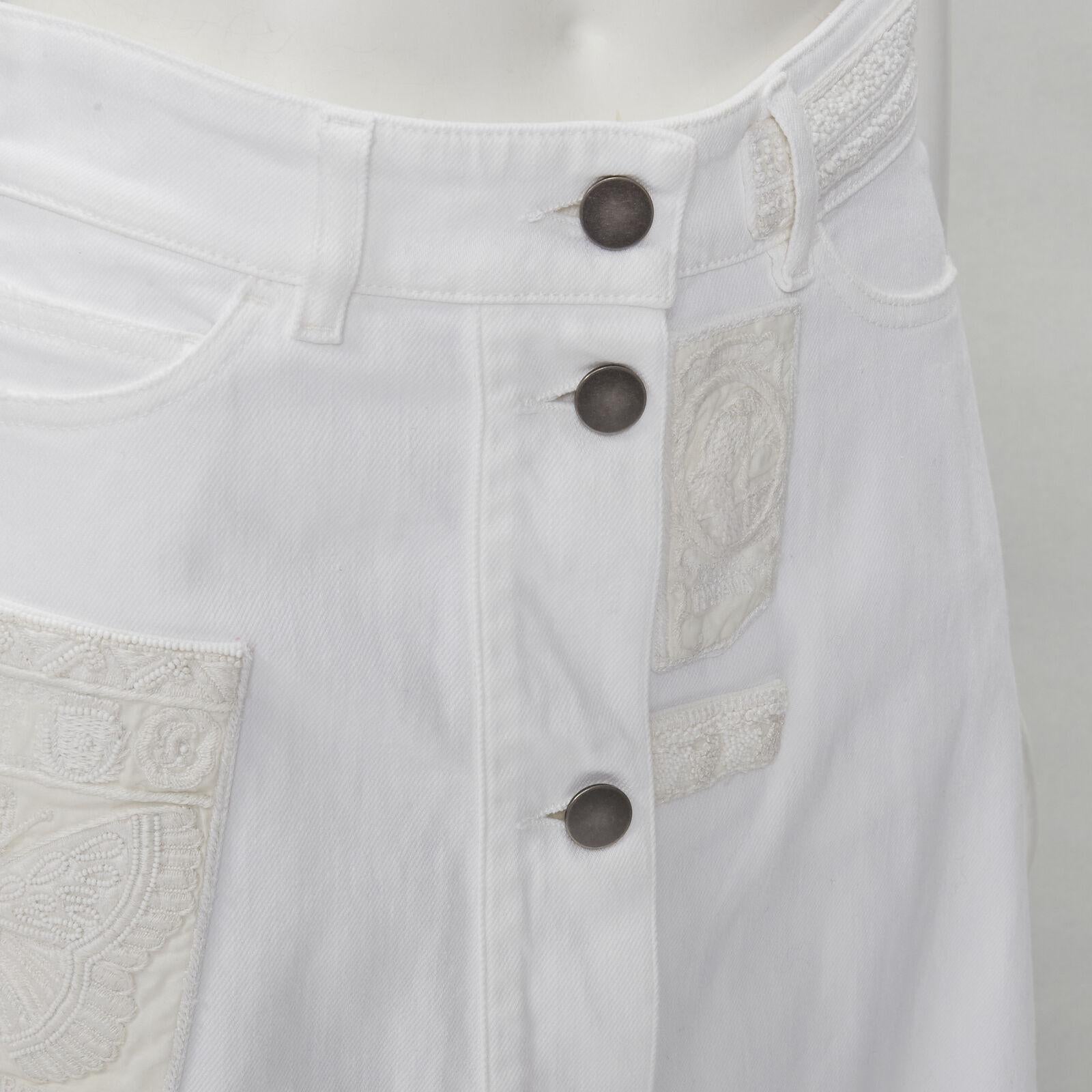 VALENTINO white denim butterfly bead embellished patch raw midi skirt IT38 XS For Sale 3