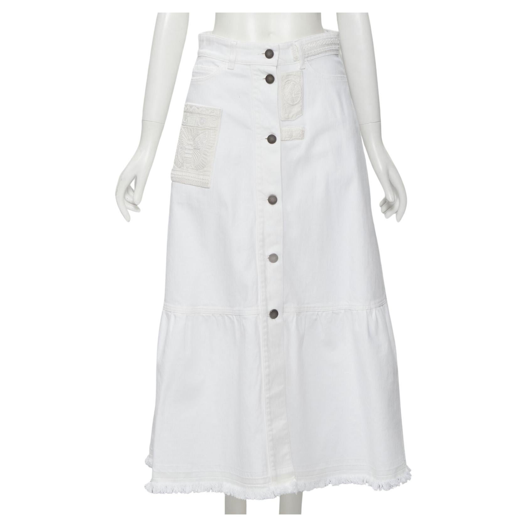 VALENTINO white denim butterfly bead embellished patch raw midi skirt IT38 XS For Sale