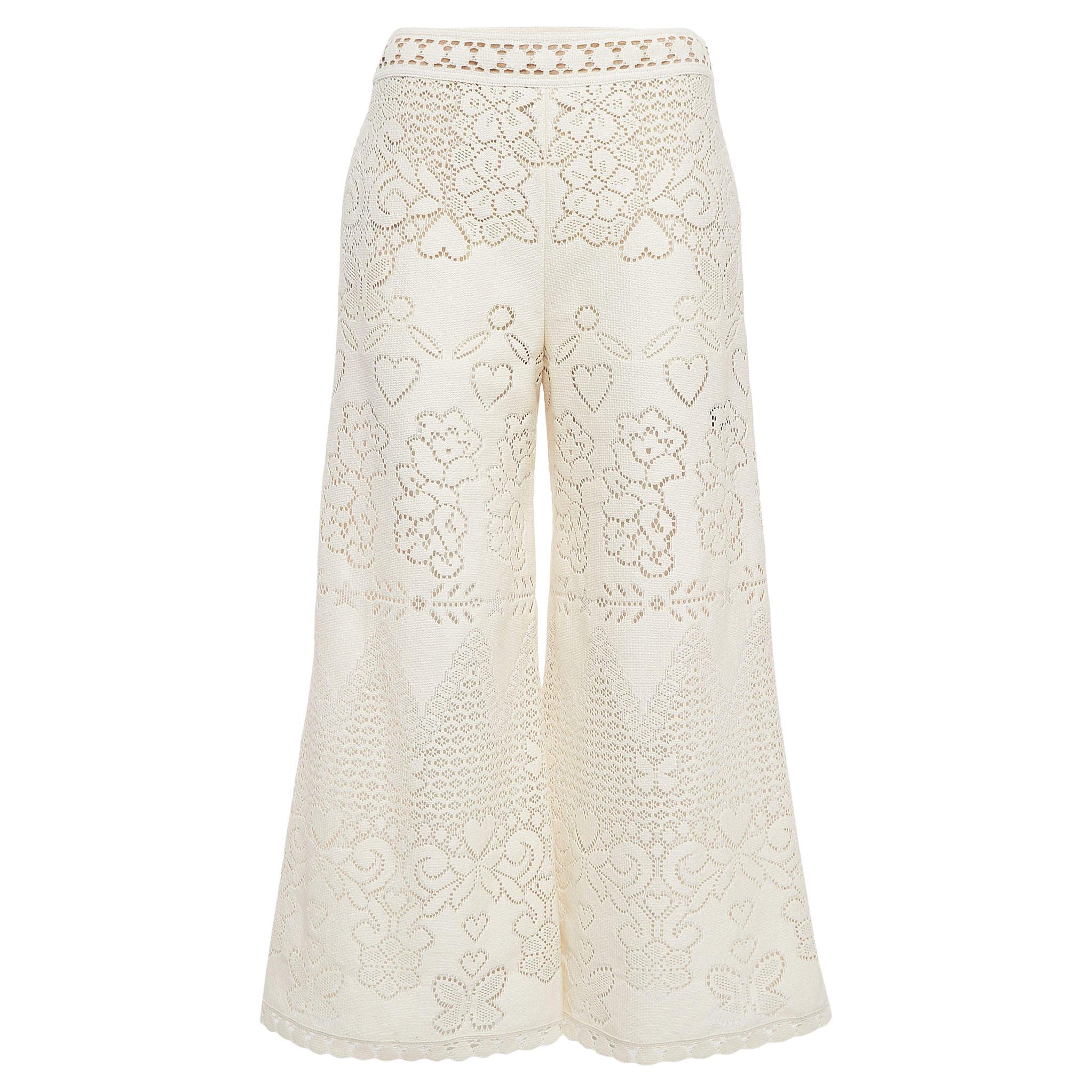 Valentino White Eyelet Knit Wide Leg Pants S For Sale