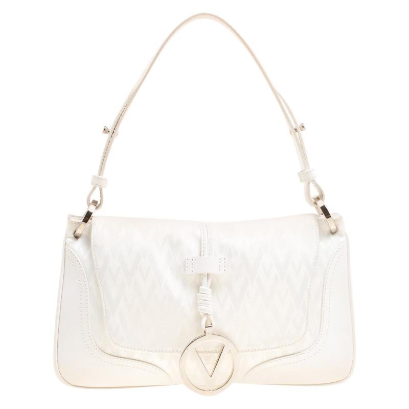 Valentino White Fabric Logo Charm Shoulder Bag