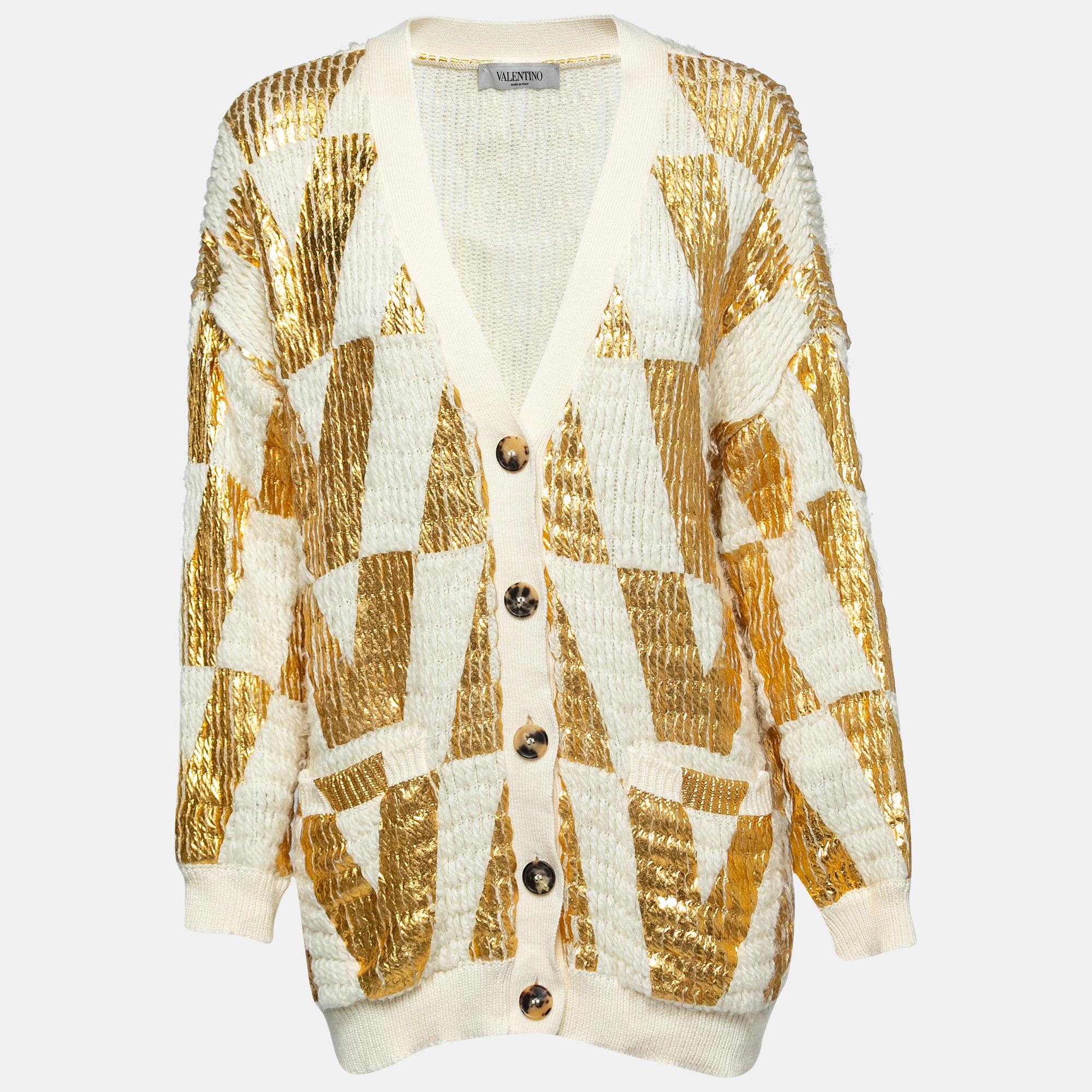Valentino White & Gold Coated Wool Knit Oversized Cardigan XS In Good Condition For Sale In Dubai, Al Qouz 2