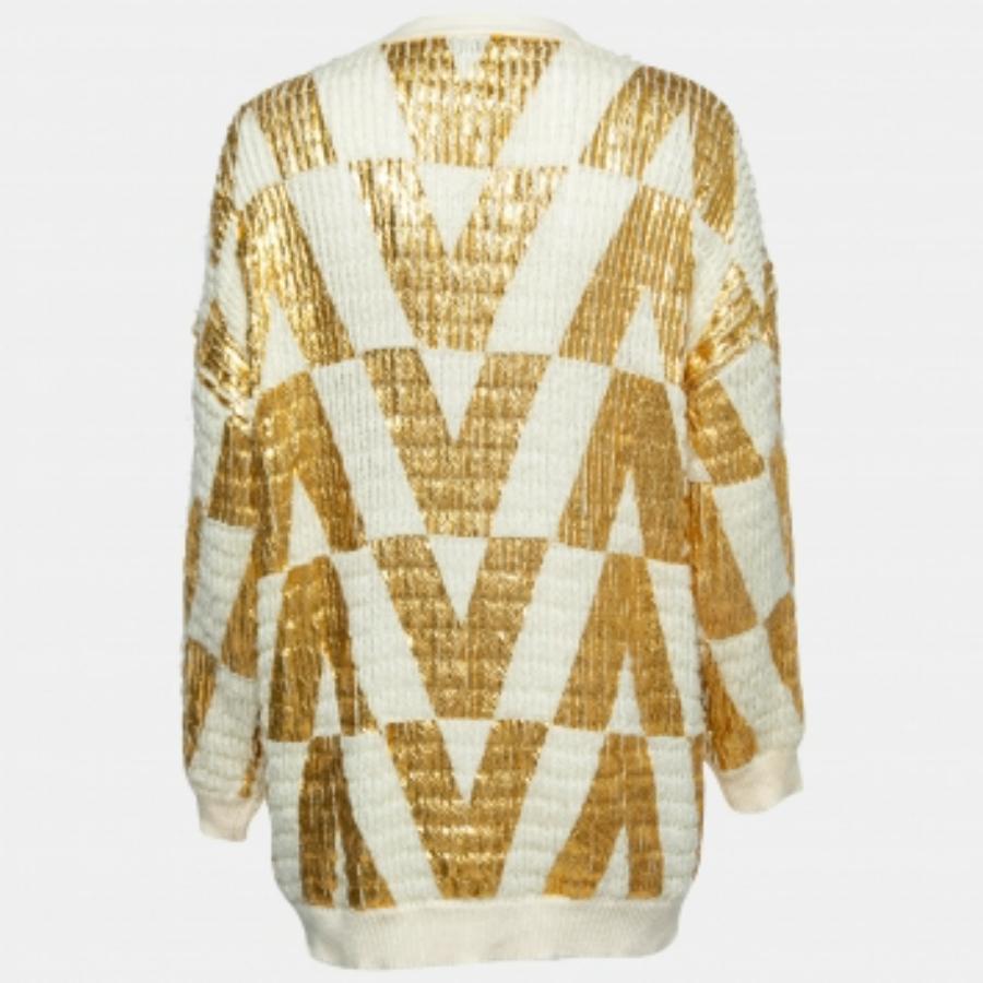 Valentino Weiß & Gold beschichtet Wolle stricken überdimensioniert Strickjacke XS im Angebot 2