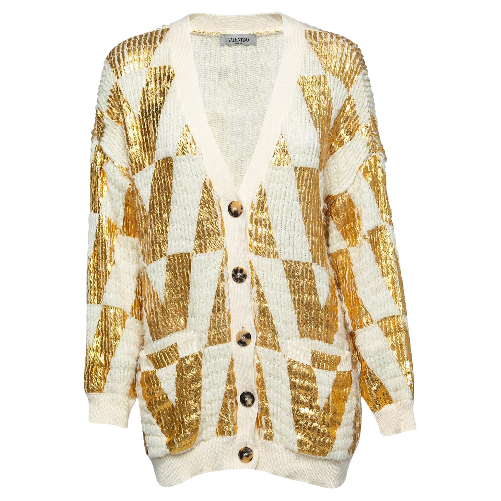 Valentino White & Gold Coated Wool Knit Oversized Cardigan XS For Sale