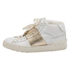 Valentino White/Gold Leather Rockstud Lace Up Sneakers Size 38