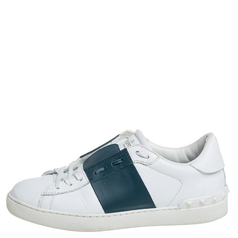 Valentino White/Grey Leather Rockstud Low Top Sneakers Size 39 at 1stDibs