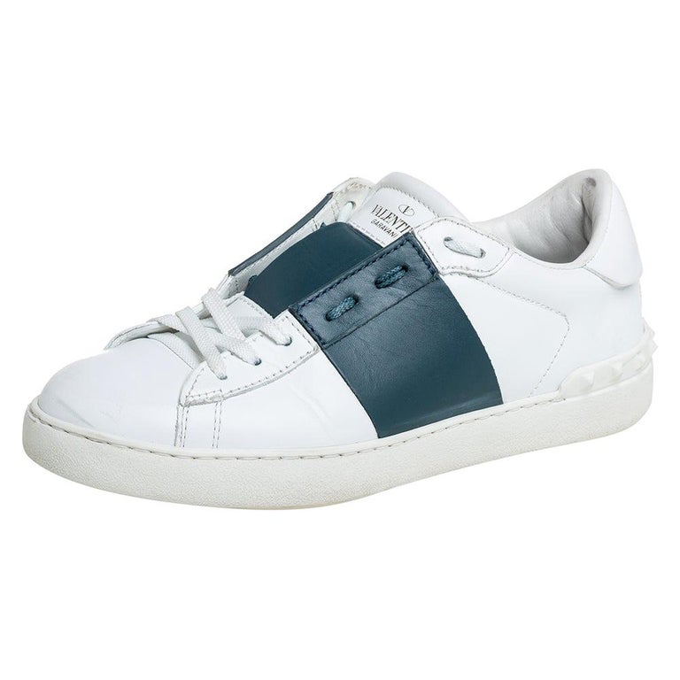 Valentino White/Grey Leather Rockstud Low Top Sneakers Size 39 at 1stDibs